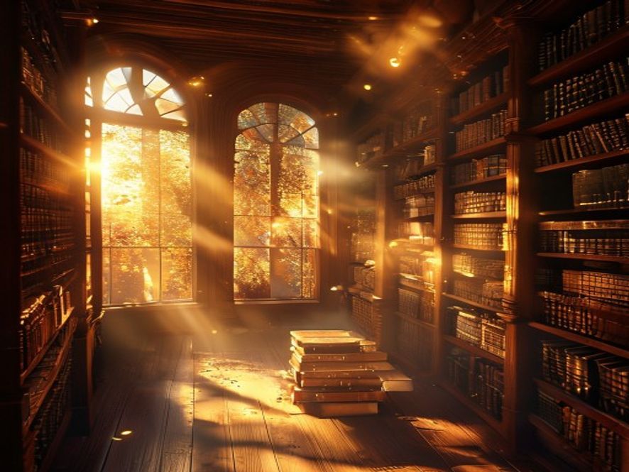 A quiet library at sunset, AI-generated