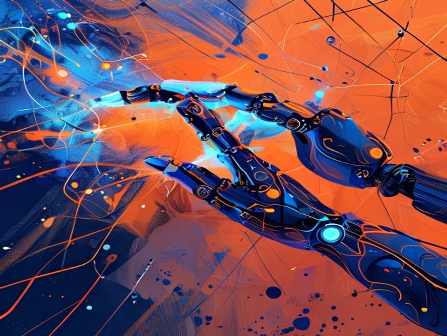 Robotic hand painting on a canvas, AI-generated
