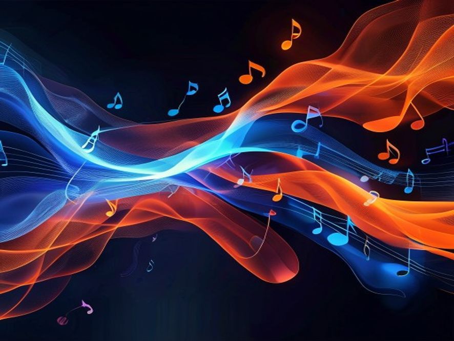 Audio waves transforming into musical notes, AI-generated